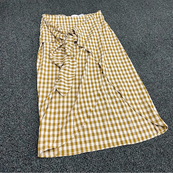 Jupe NYC Mustard Yellow & Cream Checkered Wrap Midi Lightweight Modest Skirt L - Picture 3 of 16